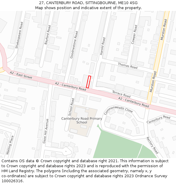 27, CANTERBURY ROAD, SITTINGBOURNE, ME10 4SG: Location map and indicative extent of plot