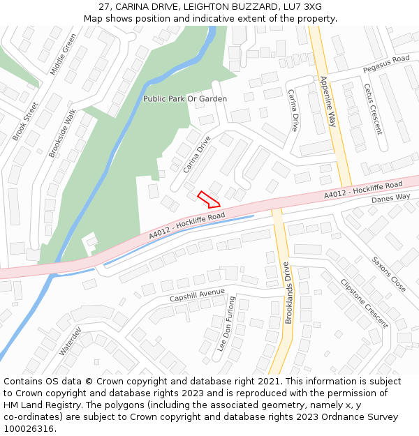27, CARINA DRIVE, LEIGHTON BUZZARD, LU7 3XG: Location map and indicative extent of plot