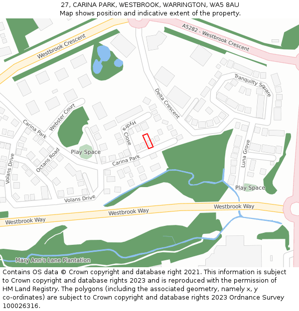 27, CARINA PARK, WESTBROOK, WARRINGTON, WA5 8AU: Location map and indicative extent of plot