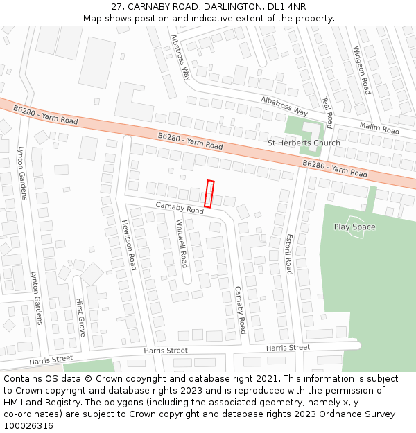 27, CARNABY ROAD, DARLINGTON, DL1 4NR: Location map and indicative extent of plot