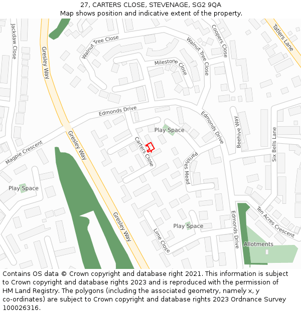 27, CARTERS CLOSE, STEVENAGE, SG2 9QA: Location map and indicative extent of plot