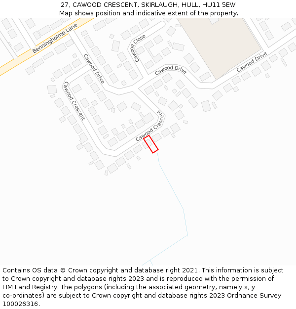 27, CAWOOD CRESCENT, SKIRLAUGH, HULL, HU11 5EW: Location map and indicative extent of plot
