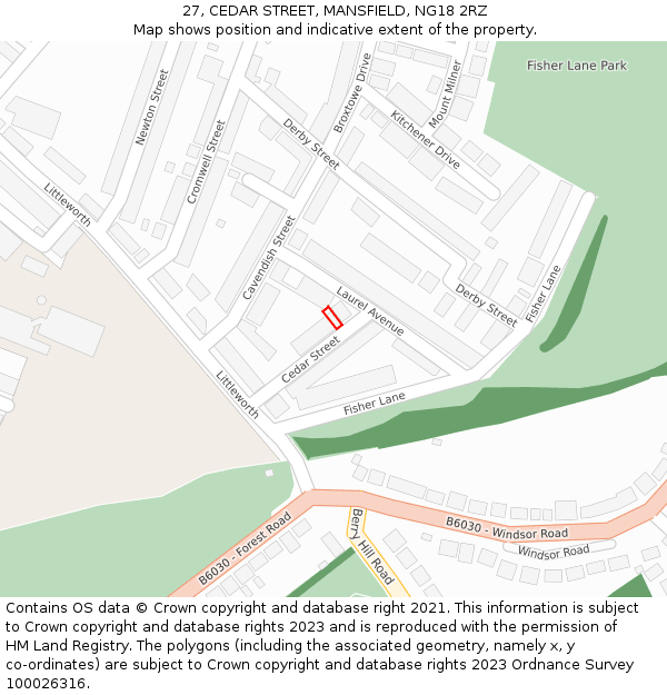 27, CEDAR STREET, MANSFIELD, NG18 2RZ: Location map and indicative extent of plot