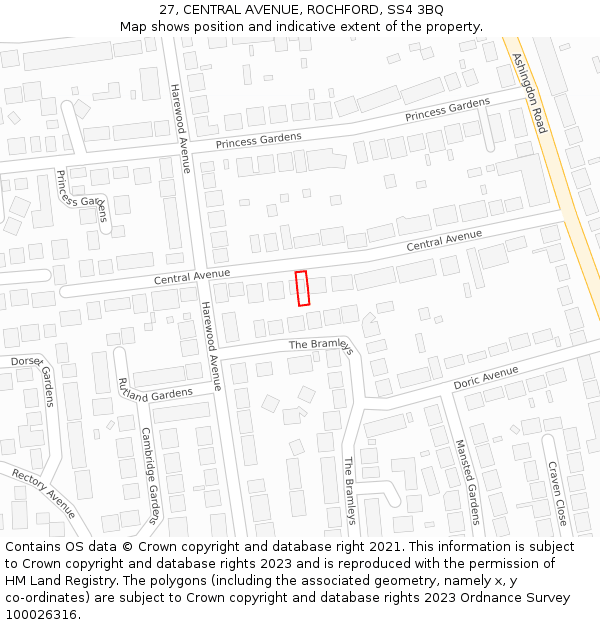 27, CENTRAL AVENUE, ROCHFORD, SS4 3BQ: Location map and indicative extent of plot