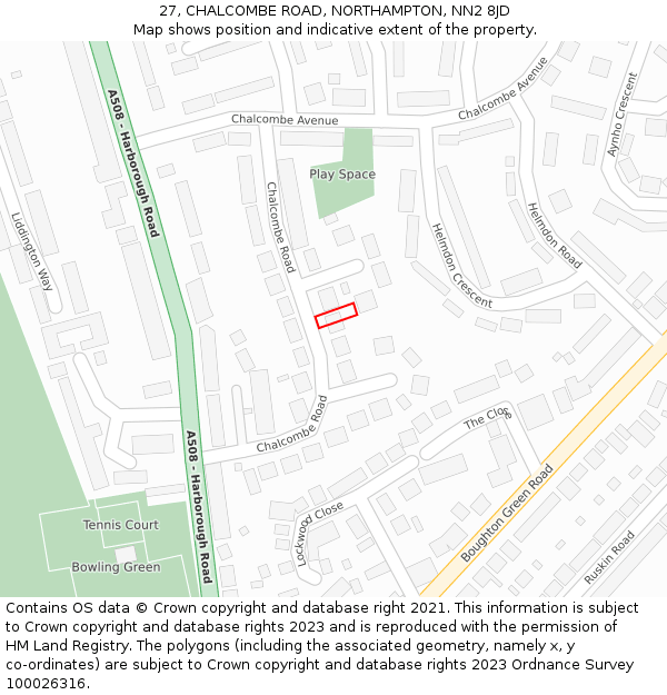 27, CHALCOMBE ROAD, NORTHAMPTON, NN2 8JD: Location map and indicative extent of plot