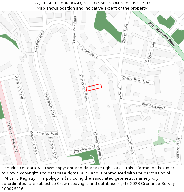 27, CHAPEL PARK ROAD, ST LEONARDS-ON-SEA, TN37 6HR: Location map and indicative extent of plot