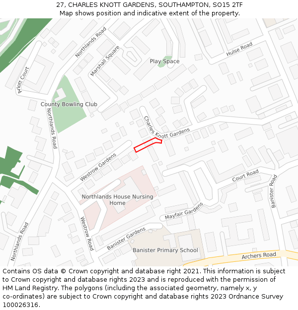 27, CHARLES KNOTT GARDENS, SOUTHAMPTON, SO15 2TF: Location map and indicative extent of plot