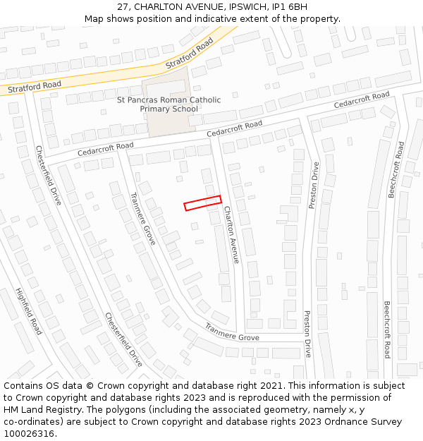 27, CHARLTON AVENUE, IPSWICH, IP1 6BH: Location map and indicative extent of plot