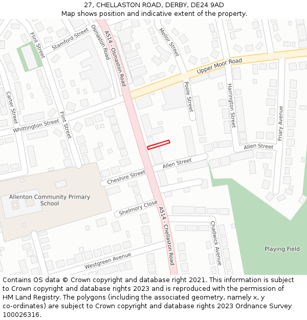 27, CHELLASTON ROAD, DERBY, DE24 9AD: Location map and indicative extent of plot