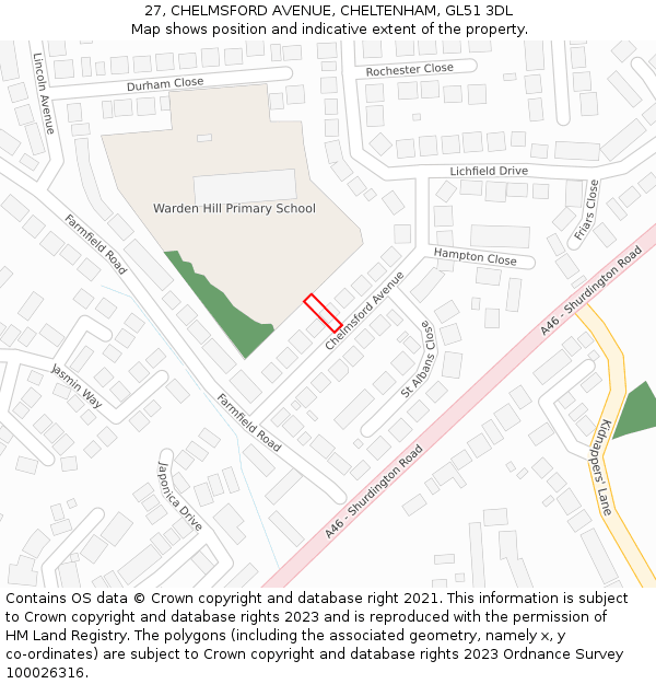 27, CHELMSFORD AVENUE, CHELTENHAM, GL51 3DL: Location map and indicative extent of plot