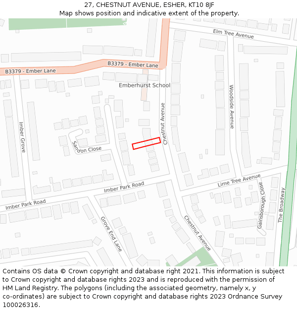 27, CHESTNUT AVENUE, ESHER, KT10 8JF: Location map and indicative extent of plot