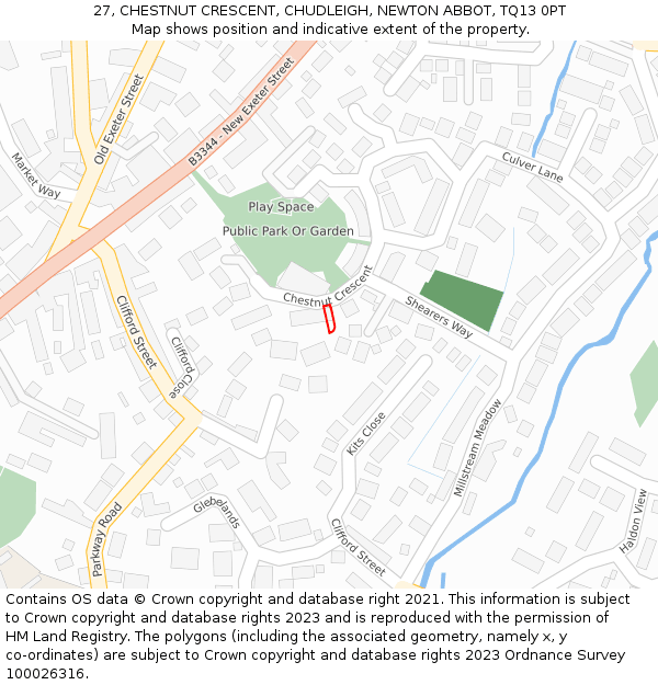27, CHESTNUT CRESCENT, CHUDLEIGH, NEWTON ABBOT, TQ13 0PT: Location map and indicative extent of plot