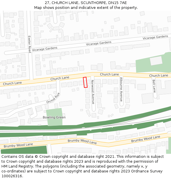 27, CHURCH LANE, SCUNTHORPE, DN15 7AE: Location map and indicative extent of plot