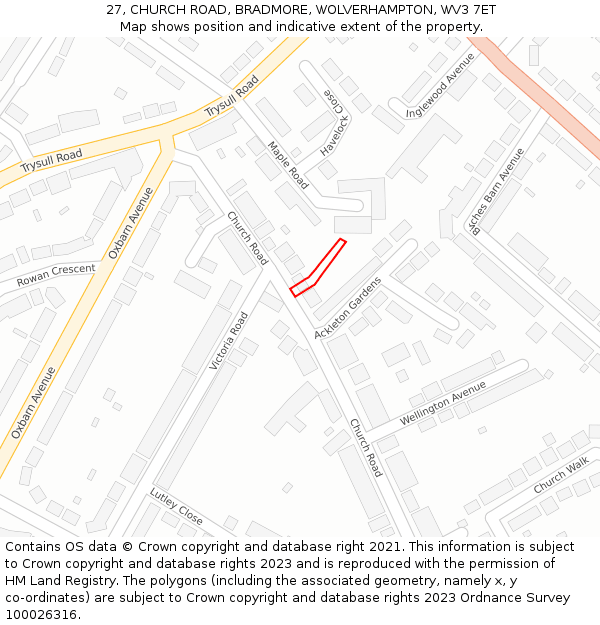 27, CHURCH ROAD, BRADMORE, WOLVERHAMPTON, WV3 7ET: Location map and indicative extent of plot
