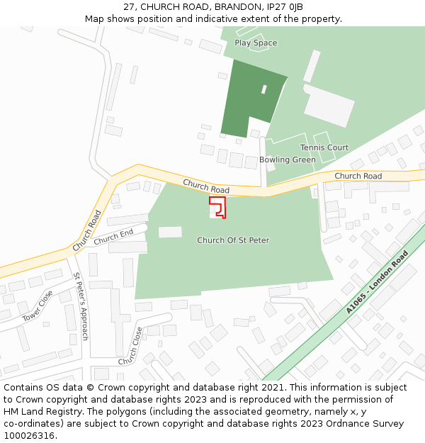 27, CHURCH ROAD, BRANDON, IP27 0JB: Location map and indicative extent of plot