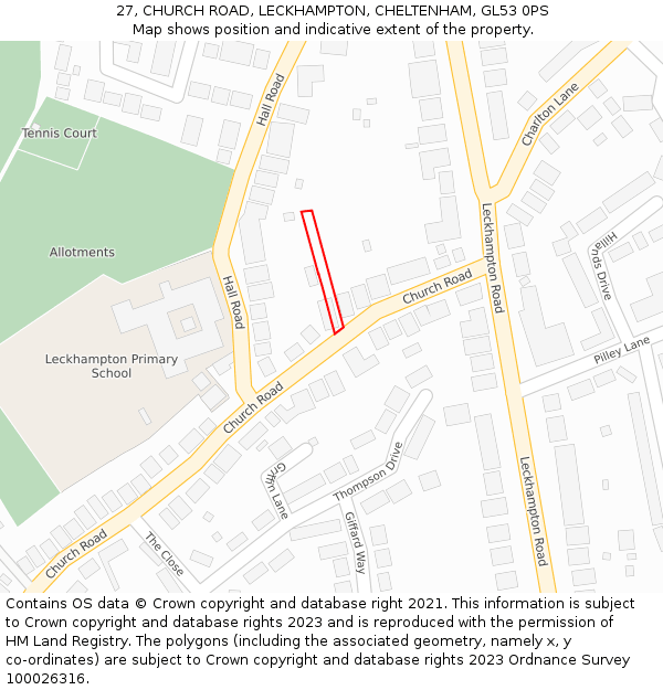 27, CHURCH ROAD, LECKHAMPTON, CHELTENHAM, GL53 0PS: Location map and indicative extent of plot