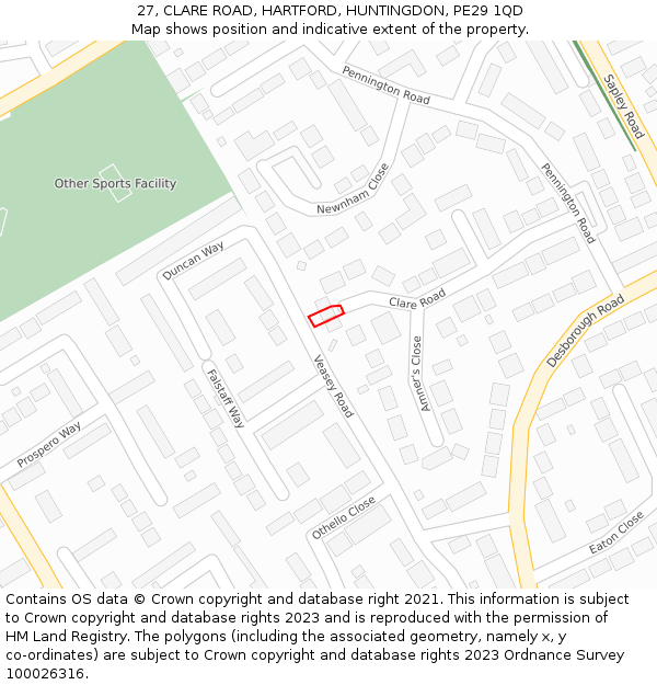 27, CLARE ROAD, HARTFORD, HUNTINGDON, PE29 1QD: Location map and indicative extent of plot
