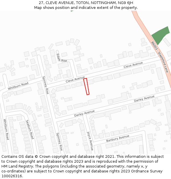 27, CLEVE AVENUE, TOTON, NOTTINGHAM, NG9 6JH: Location map and indicative extent of plot
