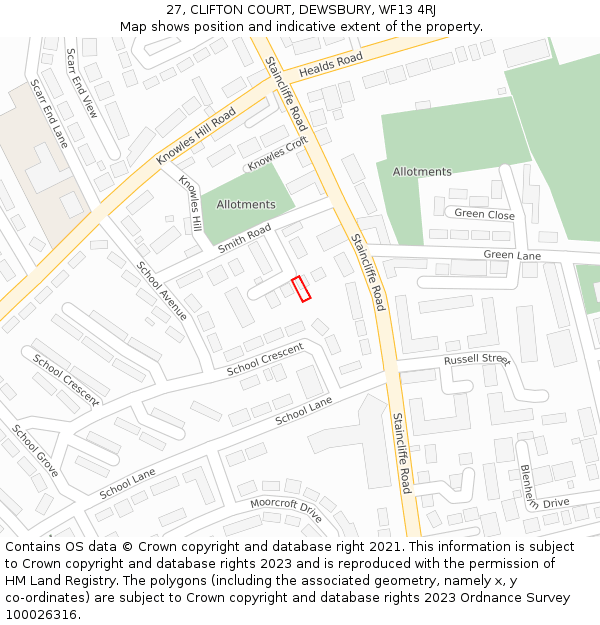 27, CLIFTON COURT, DEWSBURY, WF13 4RJ: Location map and indicative extent of plot