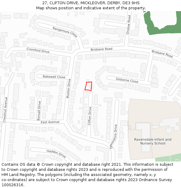 27, CLIFTON DRIVE, MICKLEOVER, DERBY, DE3 9HS: Location map and indicative extent of plot