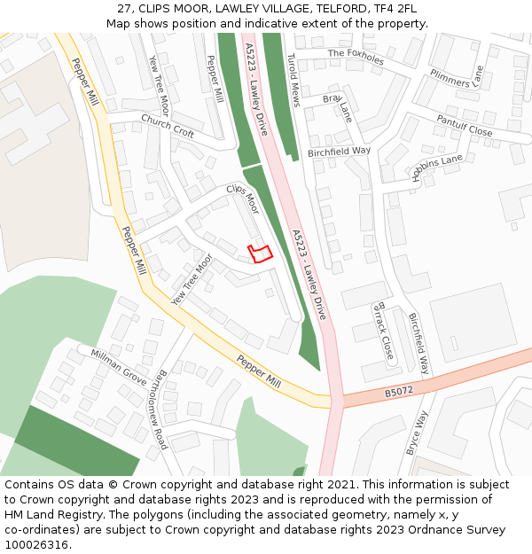 27, CLIPS MOOR, LAWLEY VILLAGE, TELFORD, TF4 2FL: Location map and indicative extent of plot