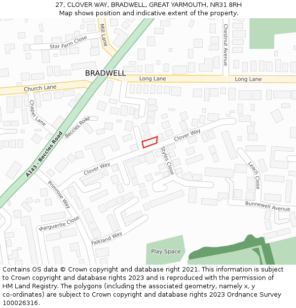 27, CLOVER WAY, BRADWELL, GREAT YARMOUTH, NR31 8RH: Location map and indicative extent of plot