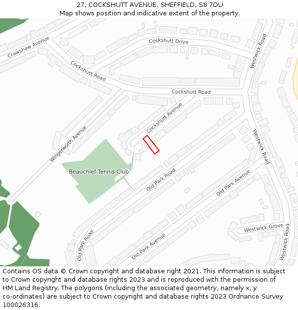 27, COCKSHUTT AVENUE, SHEFFIELD, S8 7DU: Location map and indicative extent of plot