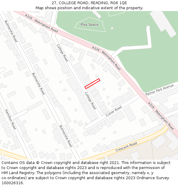27, COLLEGE ROAD, READING, RG6 1QE: Location map and indicative extent of plot