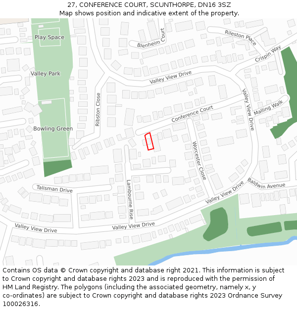 27, CONFERENCE COURT, SCUNTHORPE, DN16 3SZ: Location map and indicative extent of plot