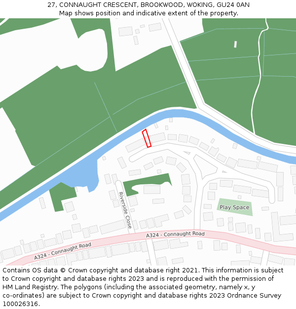 27, CONNAUGHT CRESCENT, BROOKWOOD, WOKING, GU24 0AN: Location map and indicative extent of plot