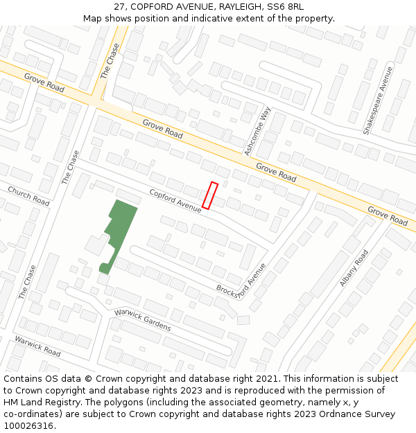 27, COPFORD AVENUE, RAYLEIGH, SS6 8RL: Location map and indicative extent of plot