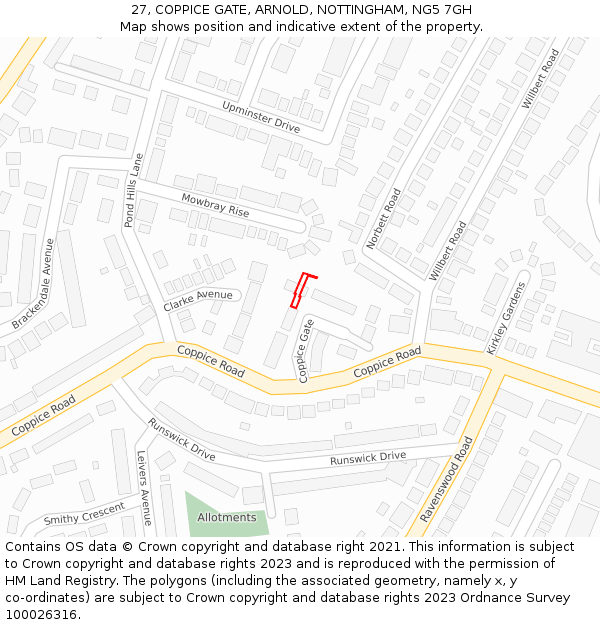 27, COPPICE GATE, ARNOLD, NOTTINGHAM, NG5 7GH: Location map and indicative extent of plot