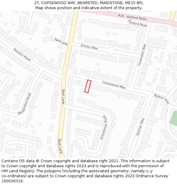 27, COPSEWOOD WAY, BEARSTED, MAIDSTONE, ME15 8PL: Location map and indicative extent of plot