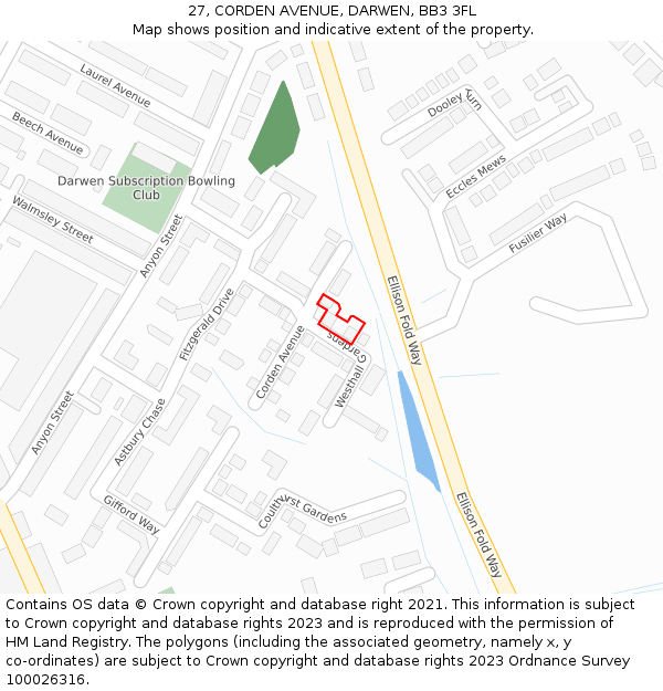 27, CORDEN AVENUE, DARWEN, BB3 3FL: Location map and indicative extent of plot