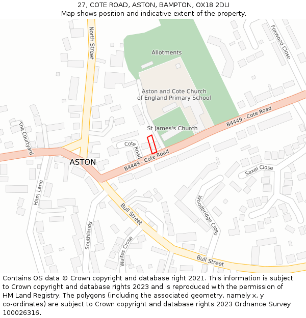 27, COTE ROAD, ASTON, BAMPTON, OX18 2DU: Location map and indicative extent of plot