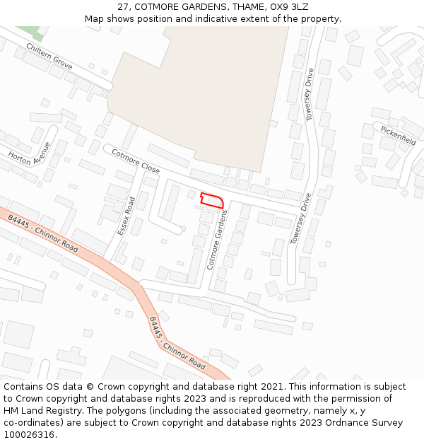 27, COTMORE GARDENS, THAME, OX9 3LZ: Location map and indicative extent of plot