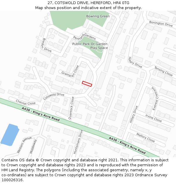 27, COTSWOLD DRIVE, HEREFORD, HR4 0TG: Location map and indicative extent of plot