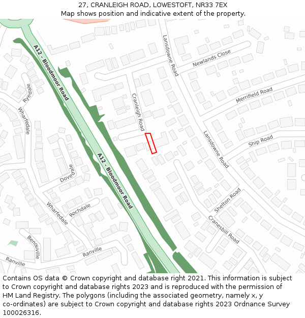 27, CRANLEIGH ROAD, LOWESTOFT, NR33 7EX: Location map and indicative extent of plot