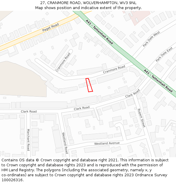 27, CRANMORE ROAD, WOLVERHAMPTON, WV3 9NL: Location map and indicative extent of plot