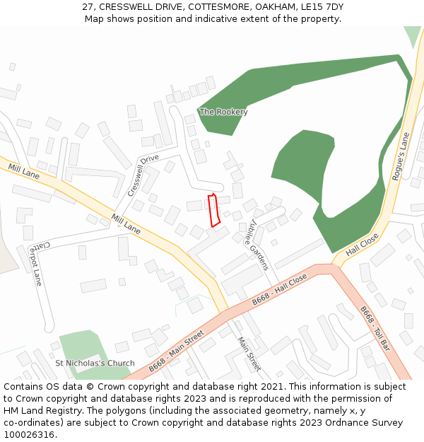 27, CRESSWELL DRIVE, COTTESMORE, OAKHAM, LE15 7DY: Location map and indicative extent of plot