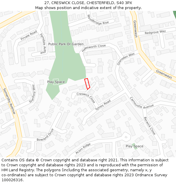 27, CRESWICK CLOSE, CHESTERFIELD, S40 3PX: Location map and indicative extent of plot