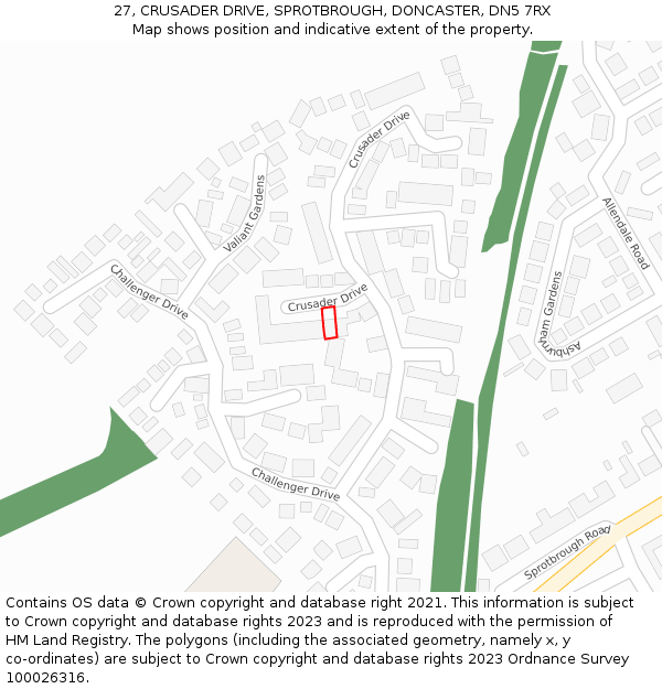 27, CRUSADER DRIVE, SPROTBROUGH, DONCASTER, DN5 7RX: Location map and indicative extent of plot