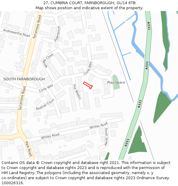 27, CUMBRIA COURT, FARNBOROUGH, GU14 6TB: Location map and indicative extent of plot