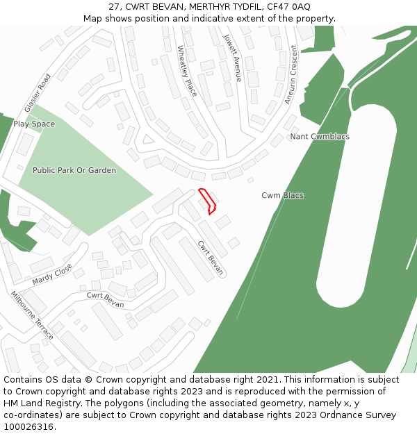 27, CWRT BEVAN, MERTHYR TYDFIL, CF47 0AQ: Location map and indicative extent of plot