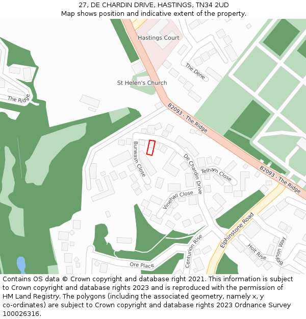 27, DE CHARDIN DRIVE, HASTINGS, TN34 2UD: Location map and indicative extent of plot