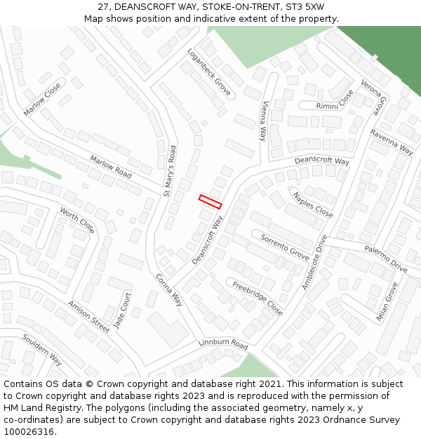 27, DEANSCROFT WAY, STOKE-ON-TRENT, ST3 5XW: Location map and indicative extent of plot
