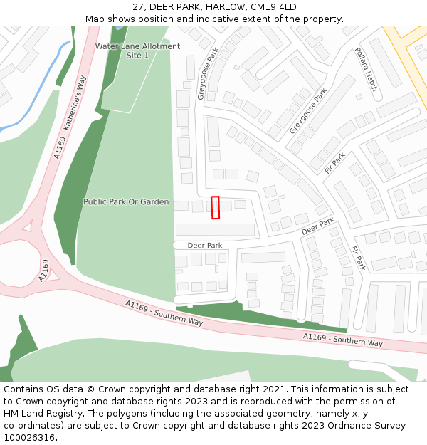 27, DEER PARK, HARLOW, CM19 4LD: Location map and indicative extent of plot