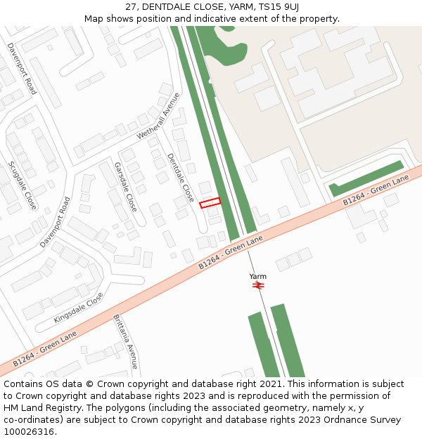 27, DENTDALE CLOSE, YARM, TS15 9UJ: Location map and indicative extent of plot