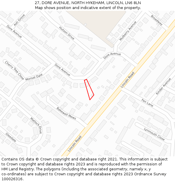 27, DORE AVENUE, NORTH HYKEHAM, LINCOLN, LN6 8LN: Location map and indicative extent of plot