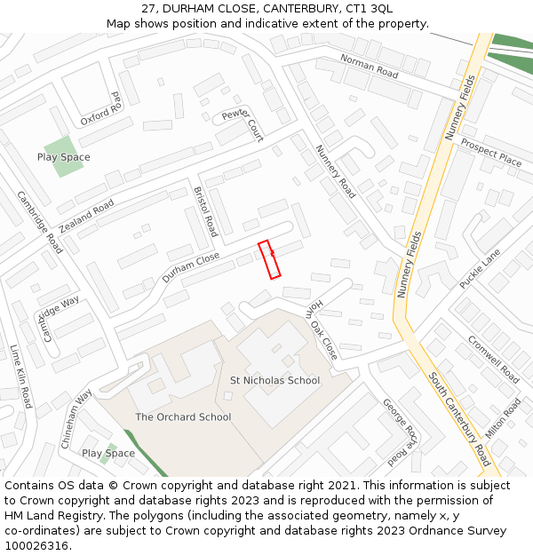 27, DURHAM CLOSE, CANTERBURY, CT1 3QL: Location map and indicative extent of plot